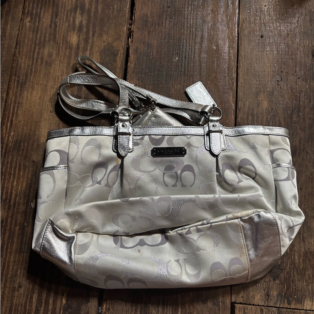 Coach Metallic Silver and Cream Tote Bag